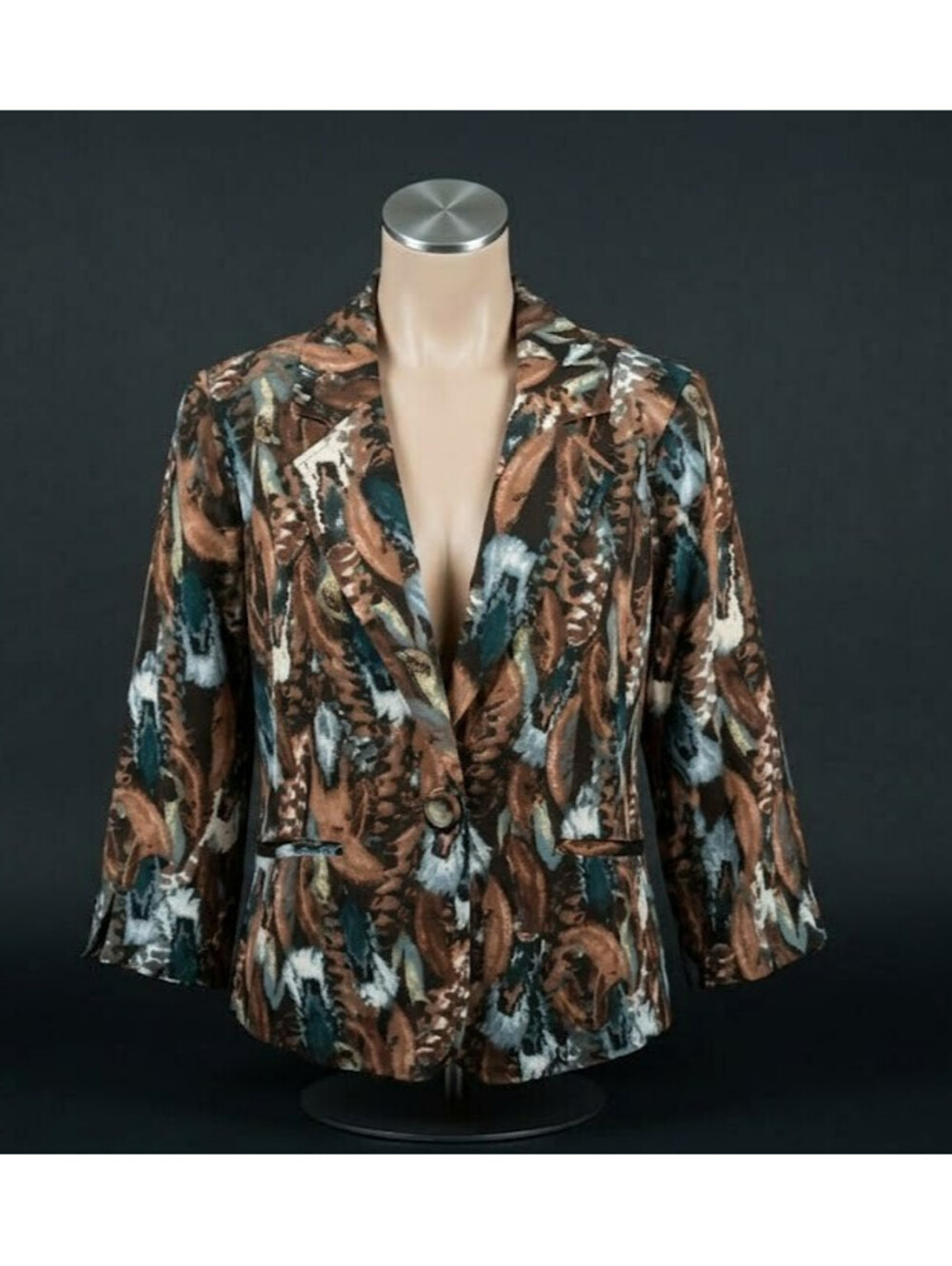 Brandon Thomas Womens Size M Blazer Jacket 3/4 Sleeve Abstract Feather Brown Tan